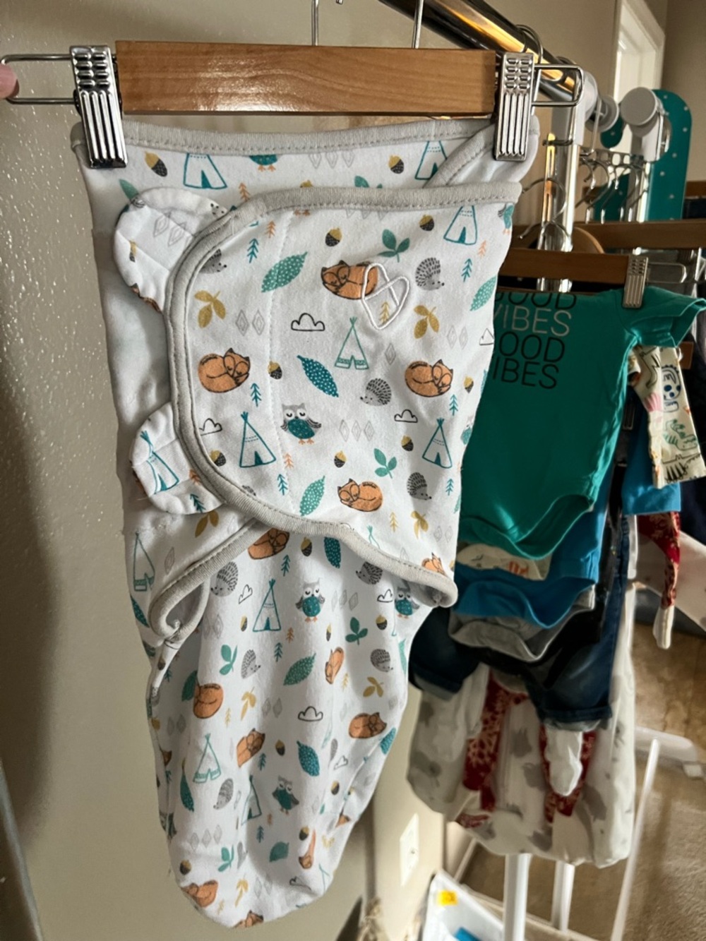 Woodland Print Baby Swaddle Wrap - Fox & Teal Leaves